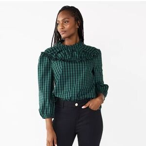 Draper James RSVP Plaid Ruffle Neck Top Size Large Green/Black